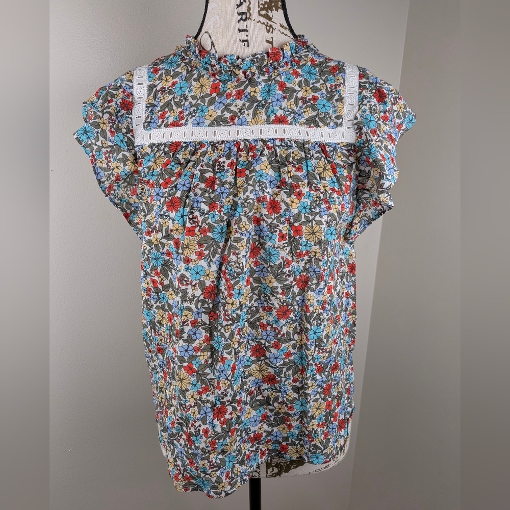 Ann Taylor LOFT Boho Ditsy Print Floral HighNeck Top XXSP Embroidered Lace Trim